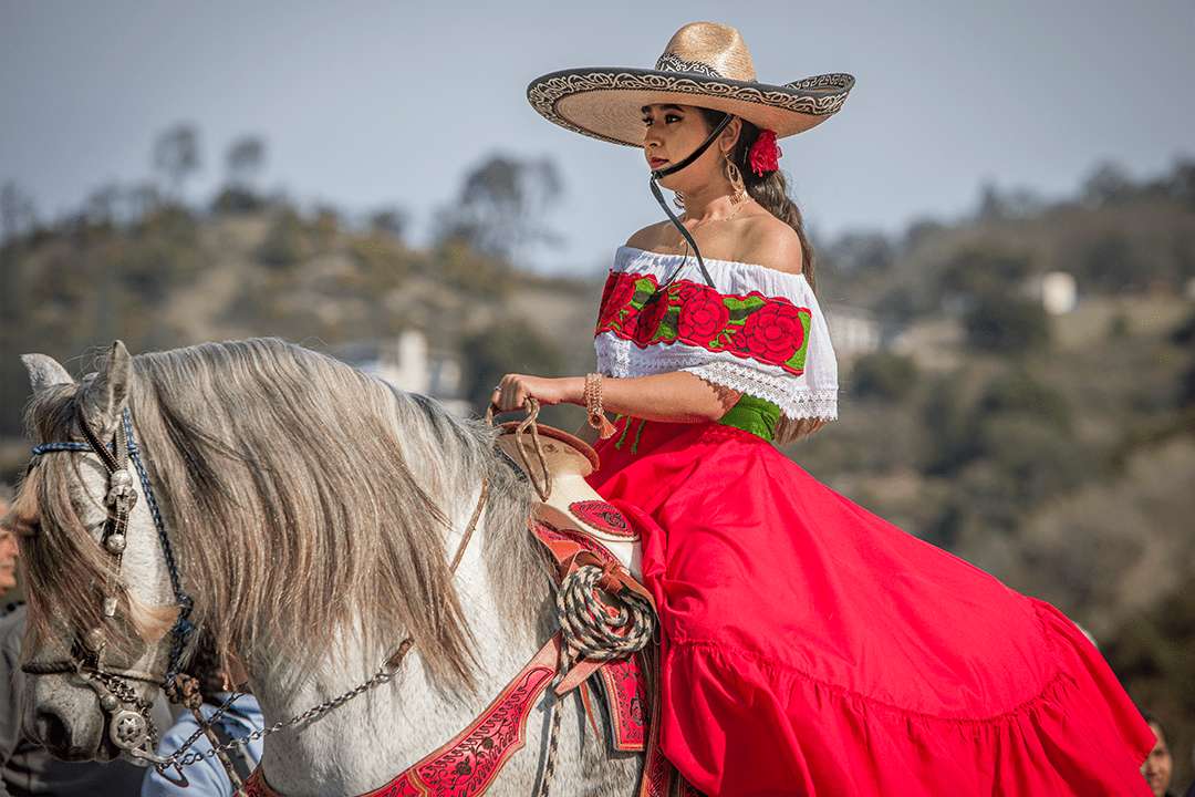 Image of woman in a floral blouse, red skirt and sombrero riding a dancing horse.  - Photo by Keith Bergher